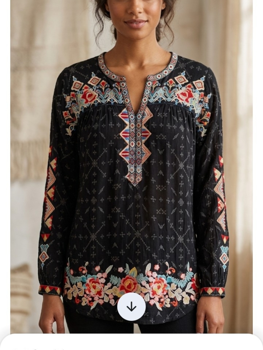 Johnny Was Black Embroidered Floral Boho Tunic Camisole Top